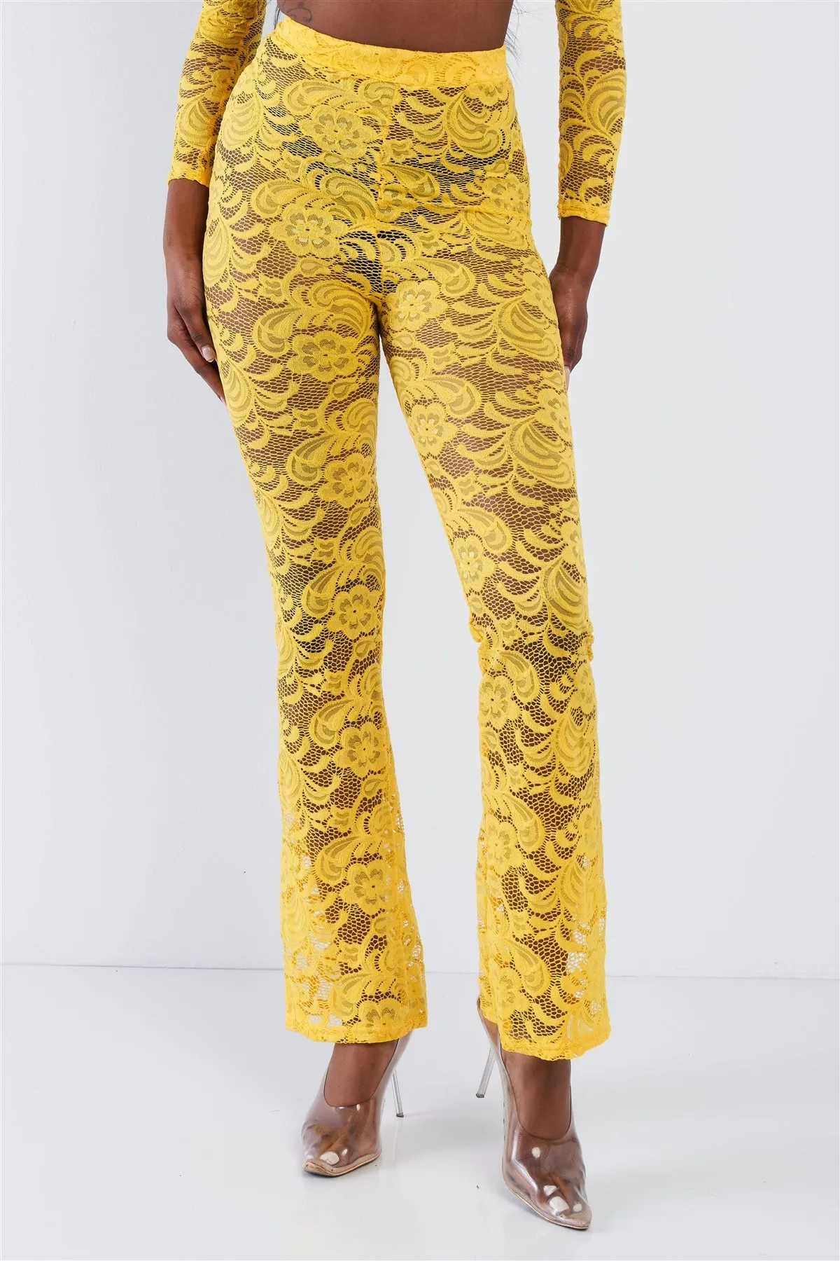 Sheer Floral Lace Crop Square Neck Top & High Waist Flare Pant Set