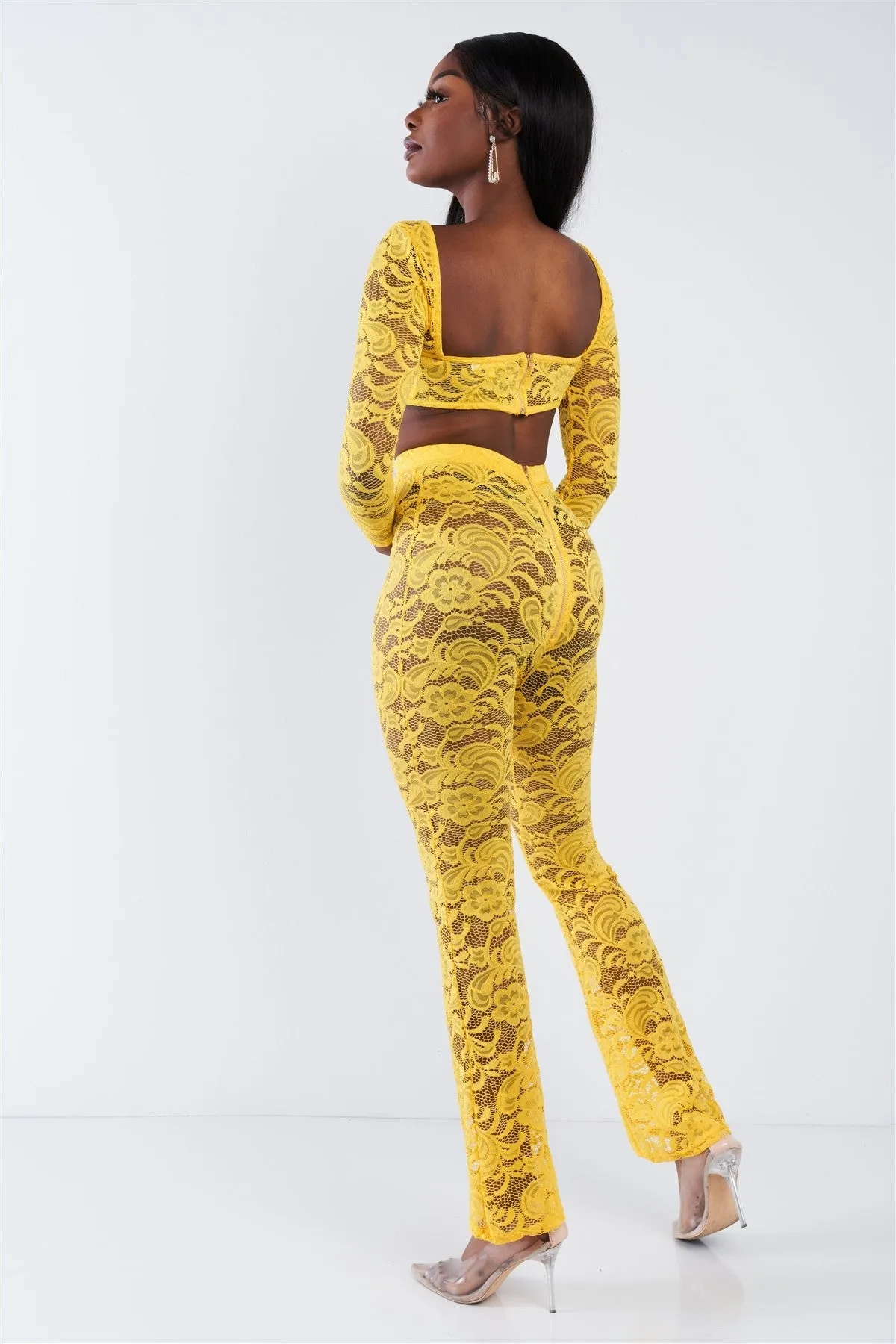 Sheer Floral Lace Crop Square Neck Top & High Waist Flare Pant Set