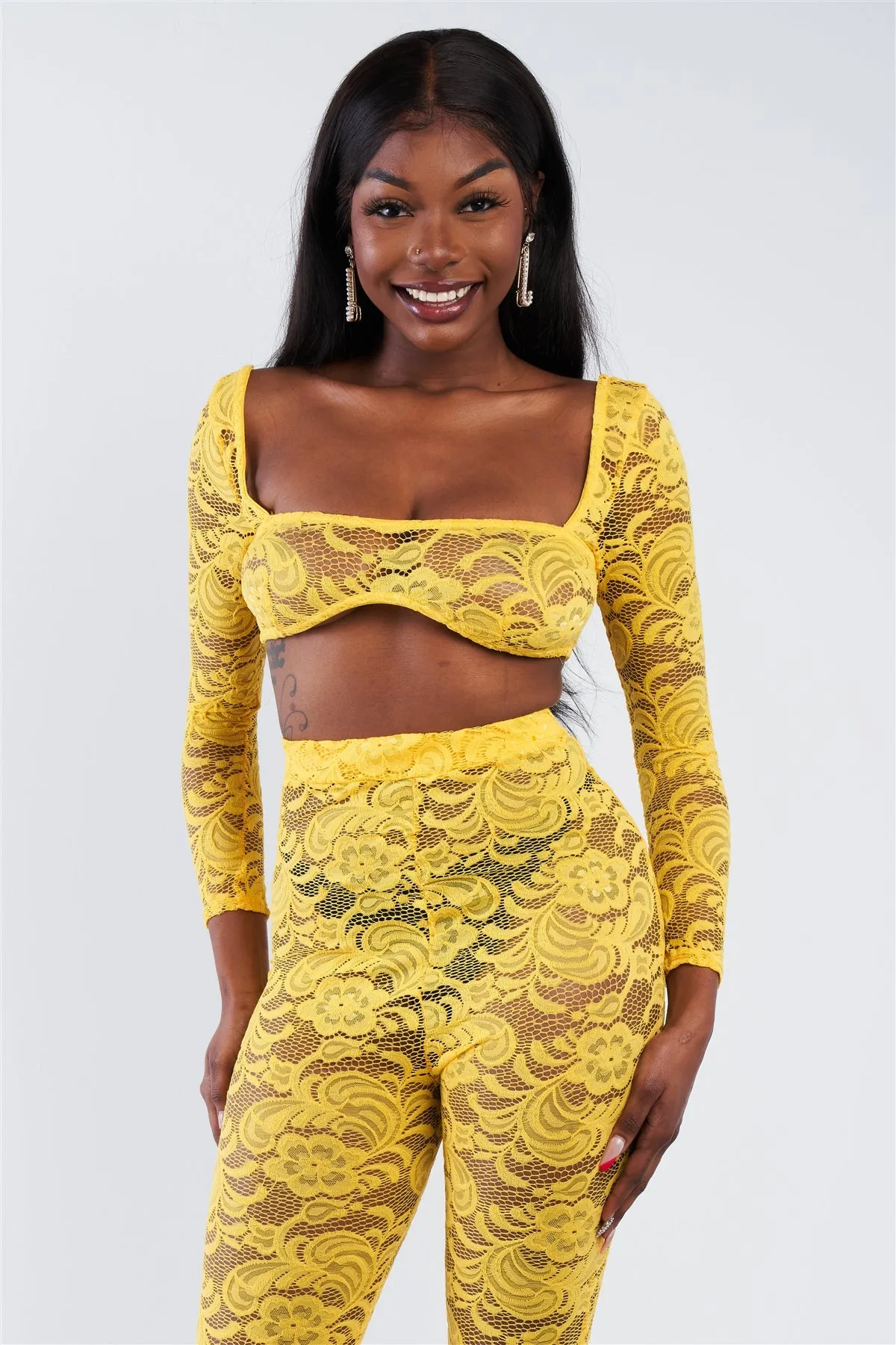 Sheer Floral Lace Crop Square Neck Top & High Waist Flare Pant Set