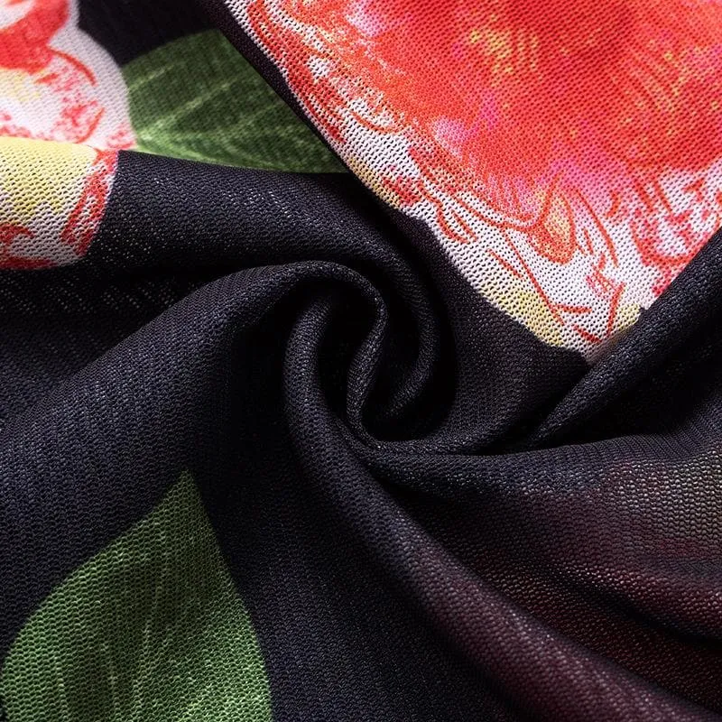 Sheer mesh flower print contrast maxi skirt