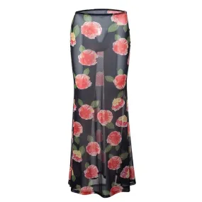 Sheer mesh flower print contrast maxi skirt
