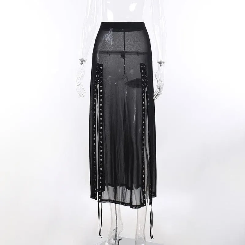 Sheer mesh see through lace up slit solid maxi skirt