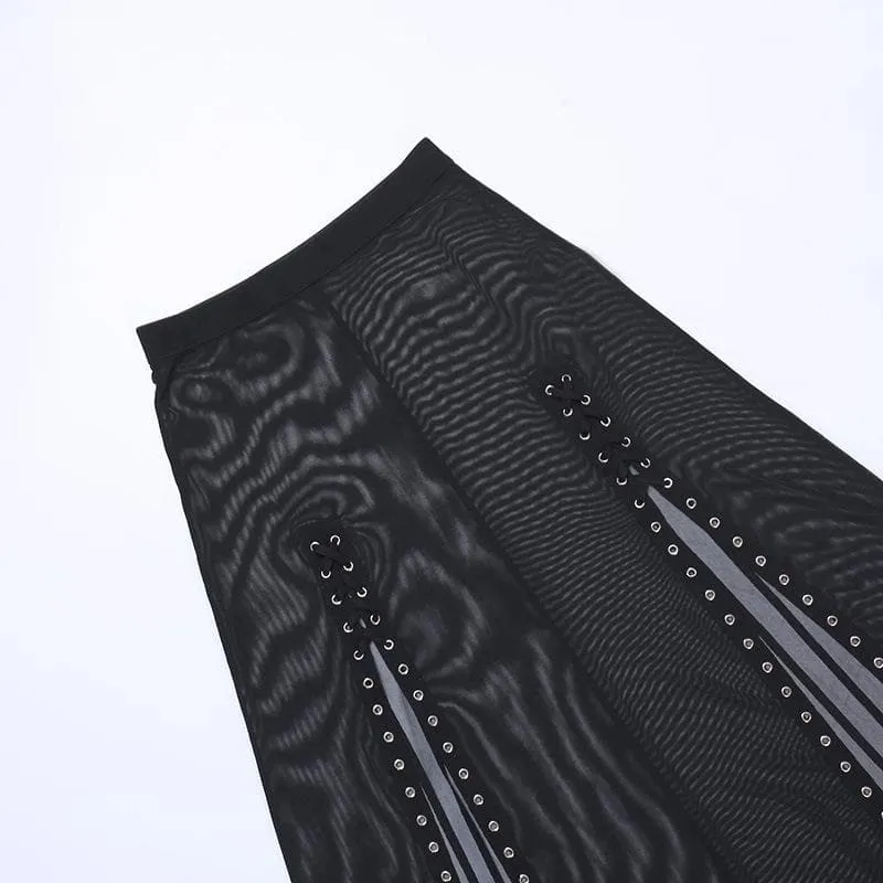 Sheer mesh see through lace up slit solid maxi skirt