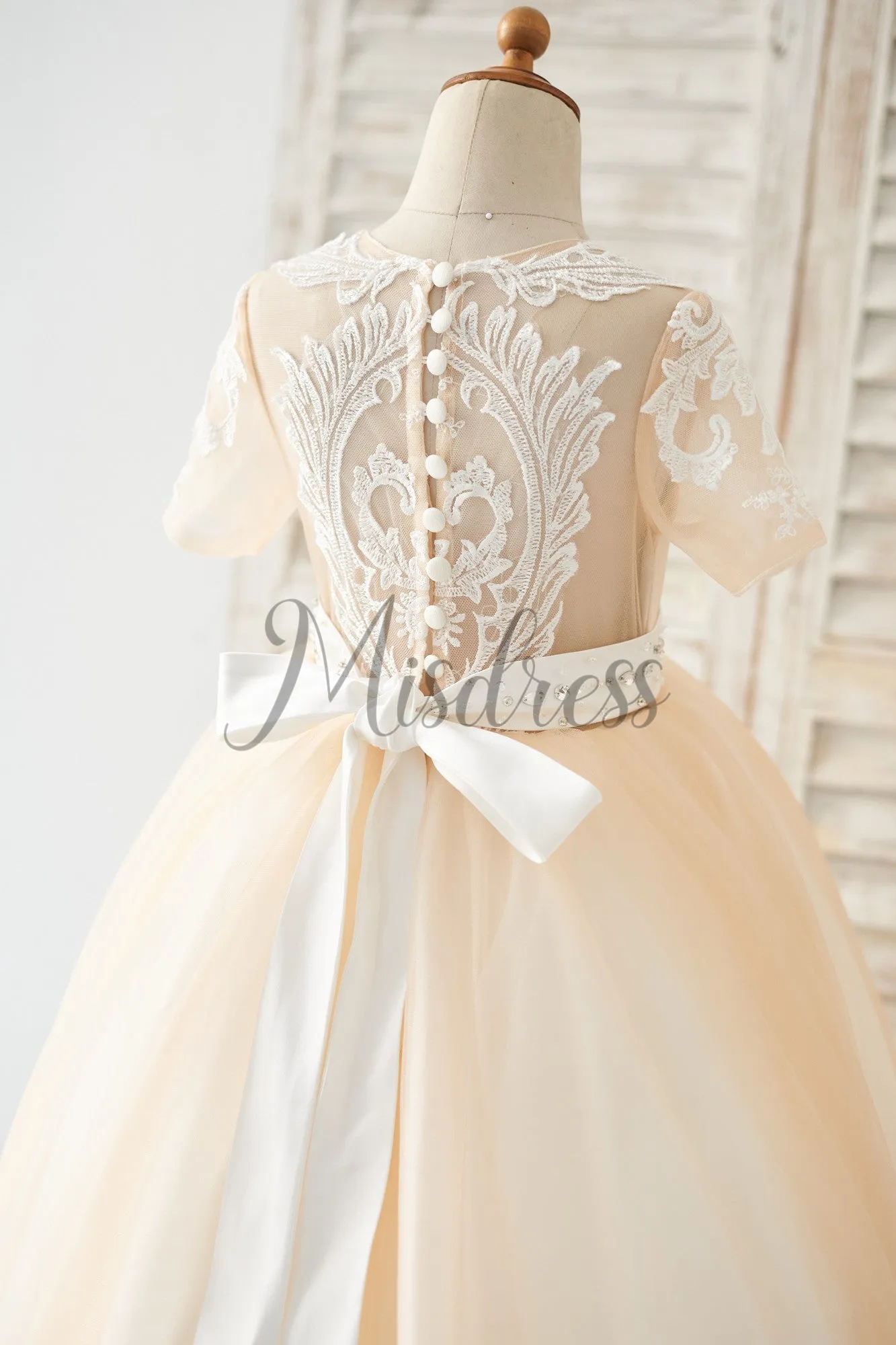 Short Sleeves Champagne Lace Tulle Wedding Flower Girl Dress Kids Party Dress