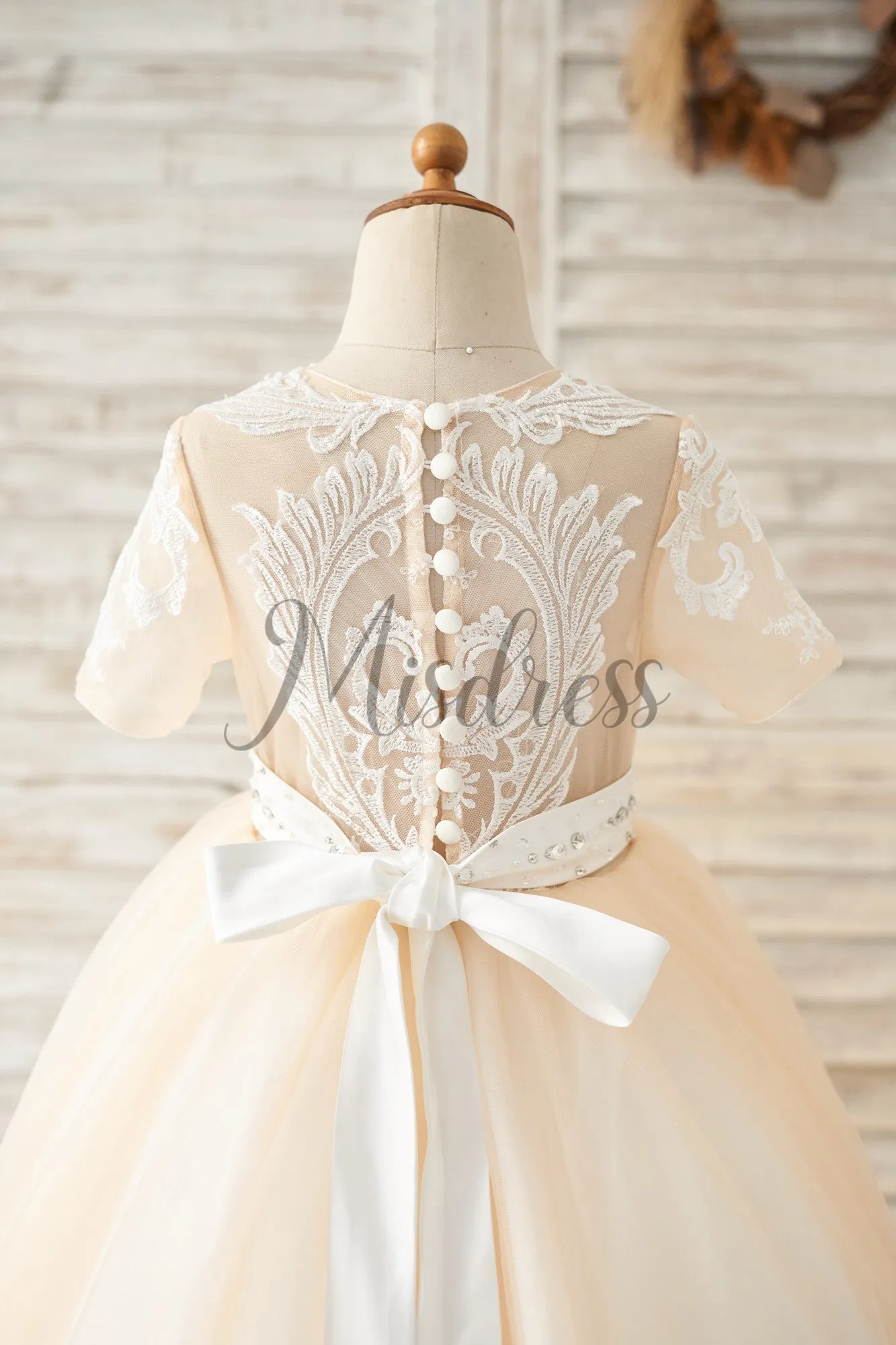 Short Sleeves Champagne Lace Tulle Wedding Flower Girl Dress Kids Party Dress