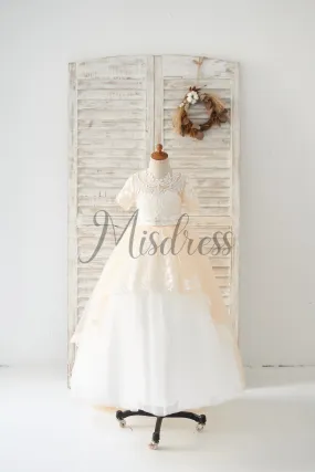 Short Sleeves Champagne Lace Tulle Wedding Flower Girl Dress Kids Party Dress