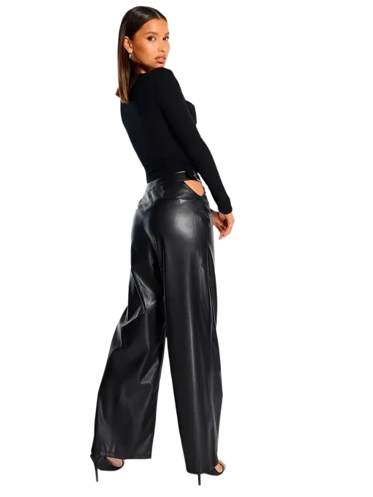 Side Buckle Hollow Out Leather Pants