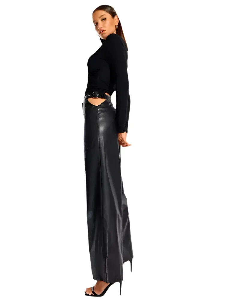 Side Buckle Hollow Out Leather Pants