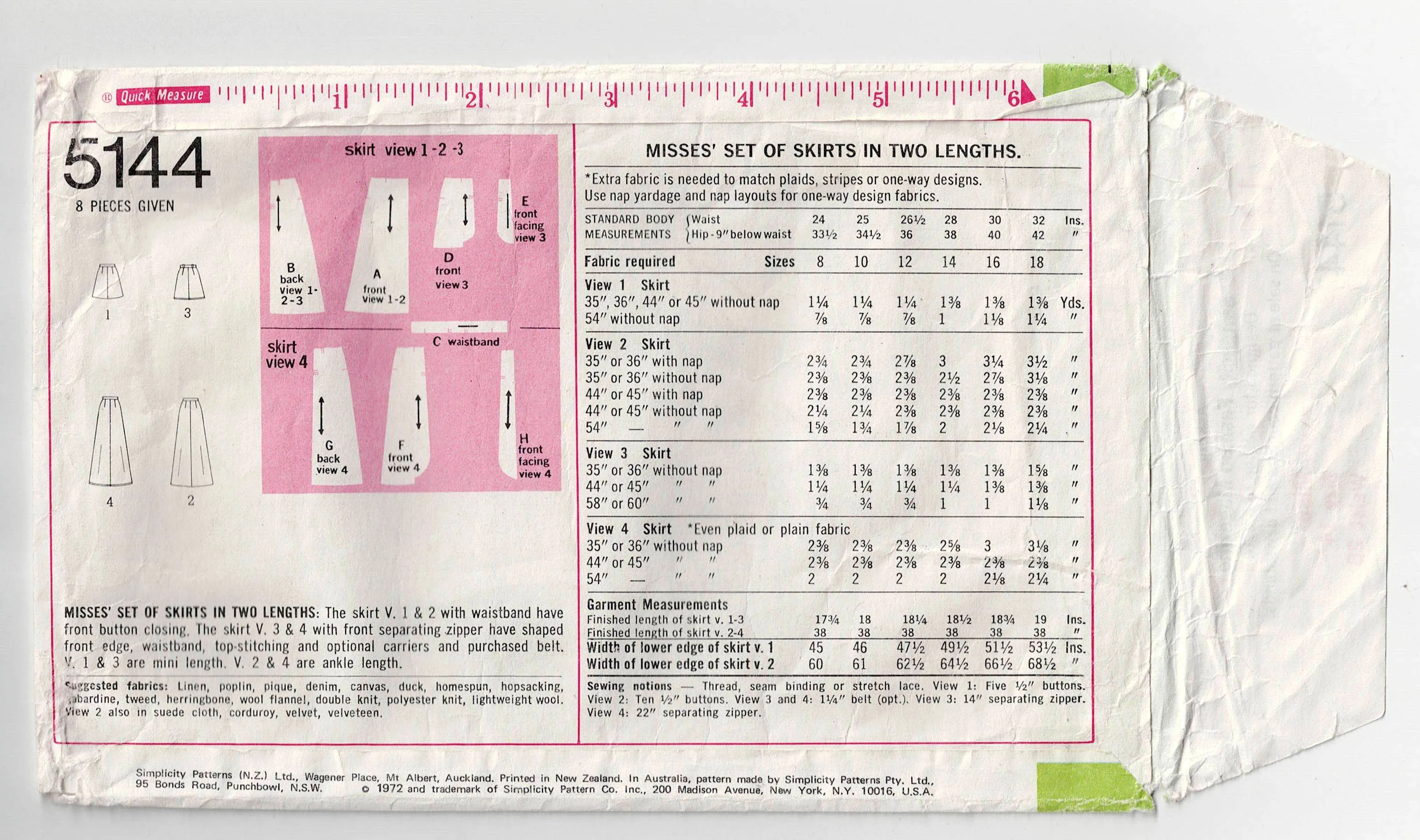 Simplicity 5144 Womens Set of Skirts in 2 Lengths 1970s Vintage Sewing Pattern Size 14 Waist 28 Inches