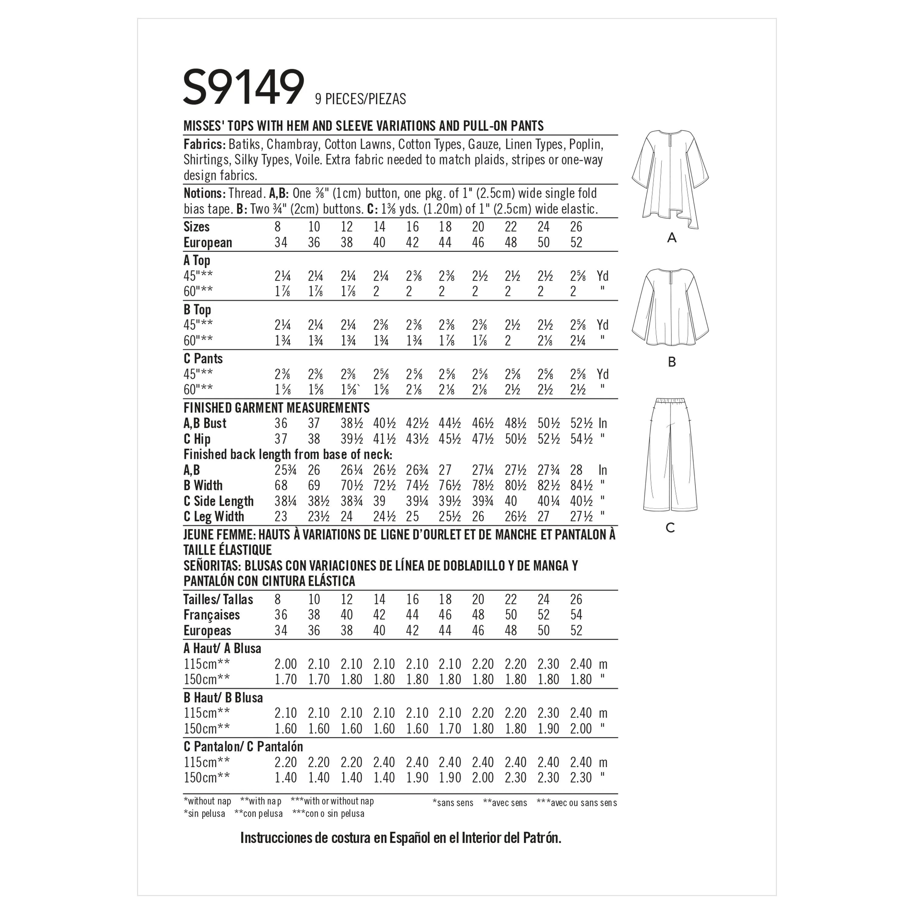 Simplicity Pattern 9149 Misses' Tops & Pants