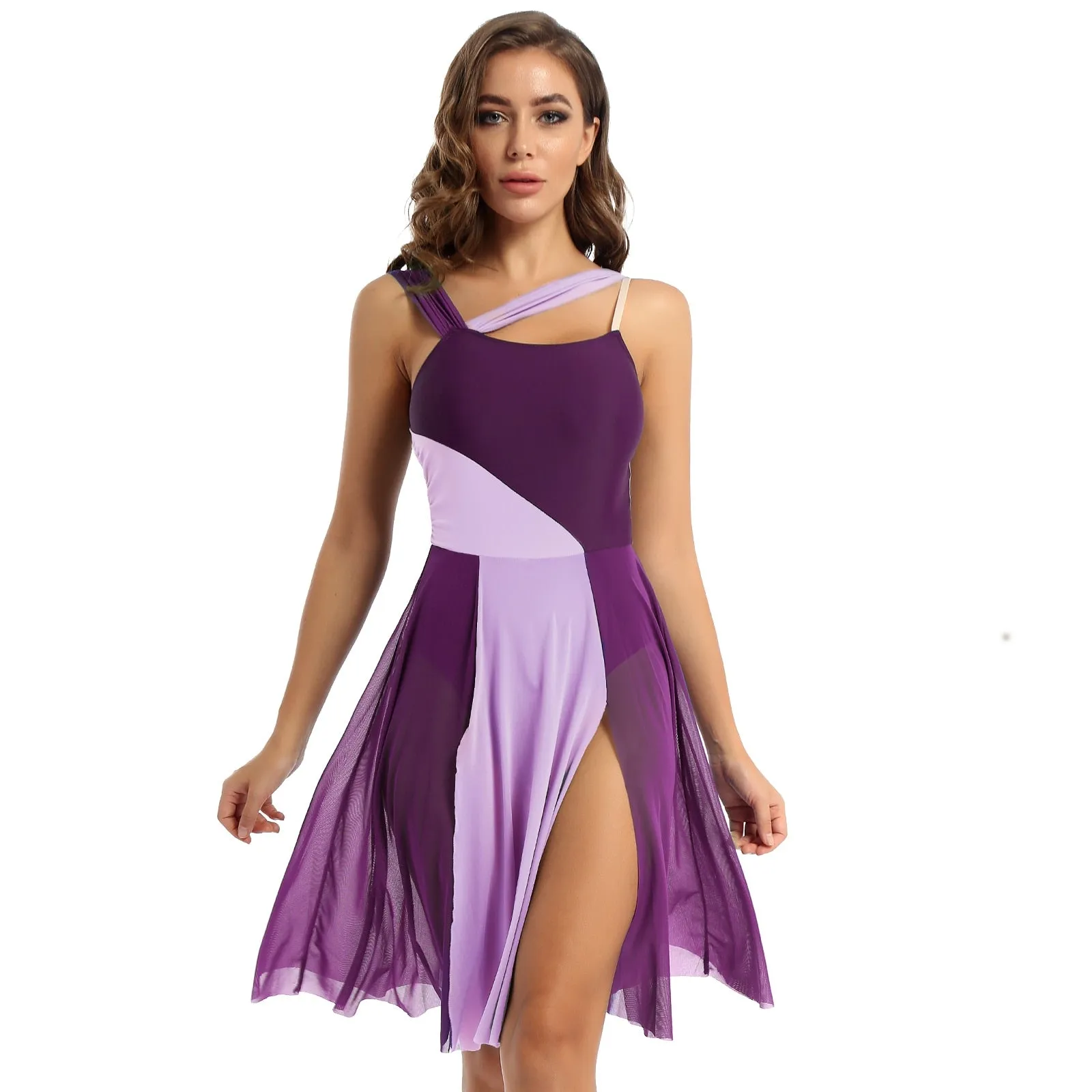 Sleeveless Color Block Ballet Modern Contemporary Lyrical Dance Dress Asymmetrical Chiffon Leotard
