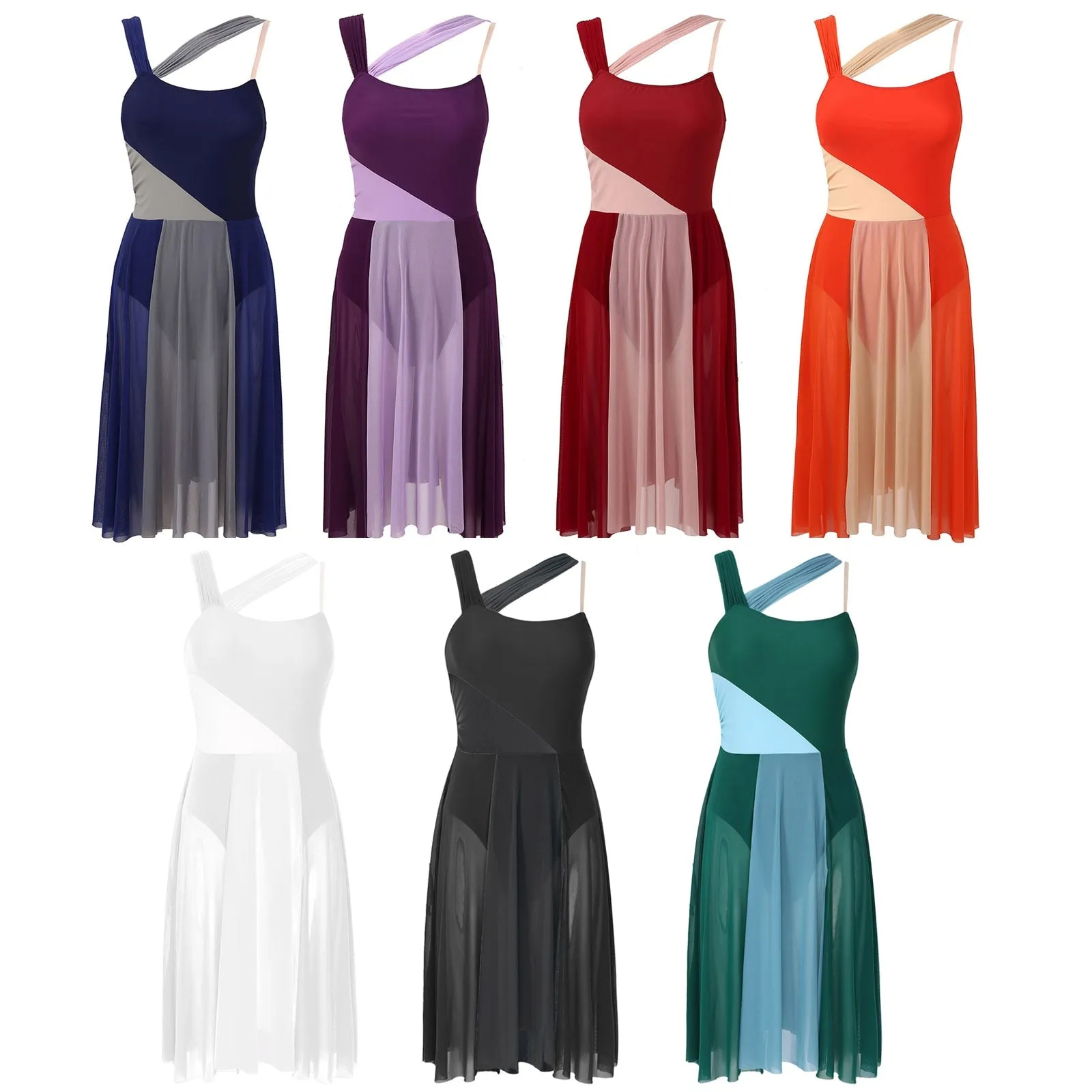 Sleeveless Color Block Ballet Modern Contemporary Lyrical Dance Dress Asymmetrical Chiffon Leotard