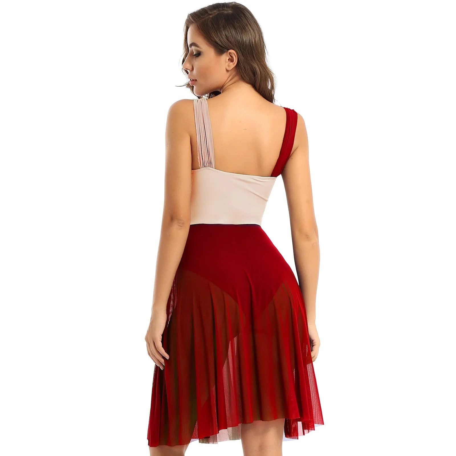 Sleeveless Color Block Ballet Modern Contemporary Lyrical Dance Dress Asymmetrical Chiffon Leotard
