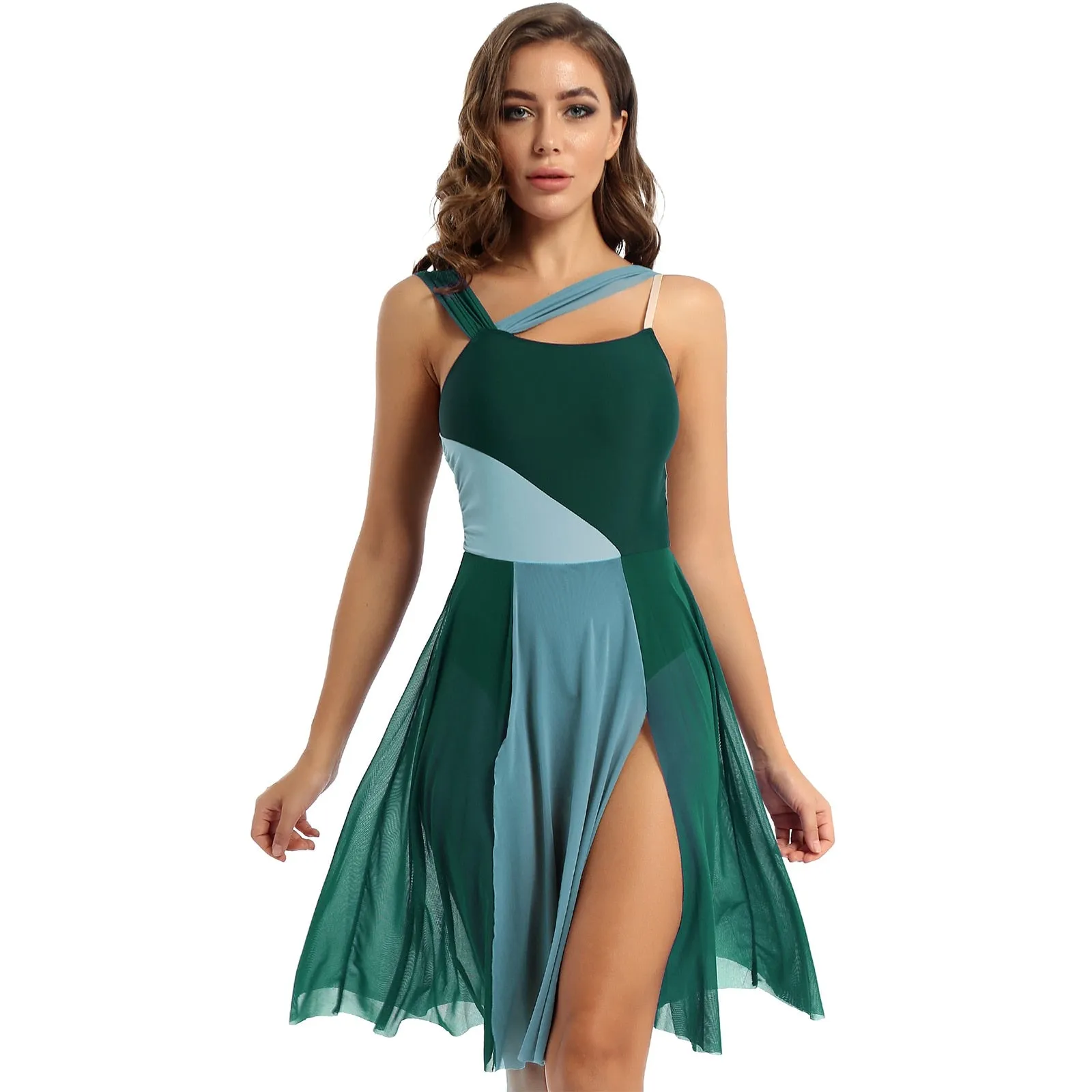Sleeveless Color Block Ballet Modern Contemporary Lyrical Dance Dress Asymmetrical Chiffon Leotard