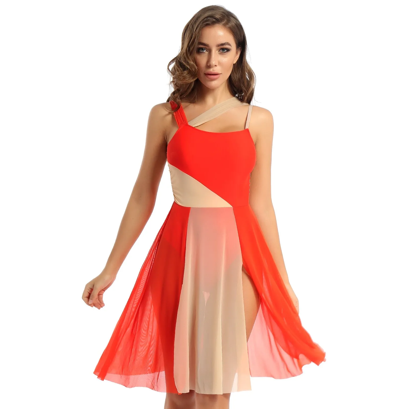Sleeveless Color Block Ballet Modern Contemporary Lyrical Dance Dress Asymmetrical Chiffon Leotard