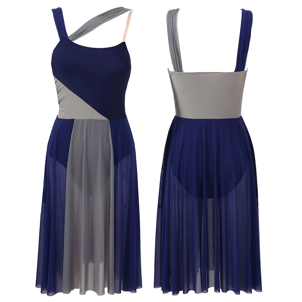Sleeveless Color Block Ballet Modern Contemporary Lyrical Dance Dress Asymmetrical Chiffon Leotard