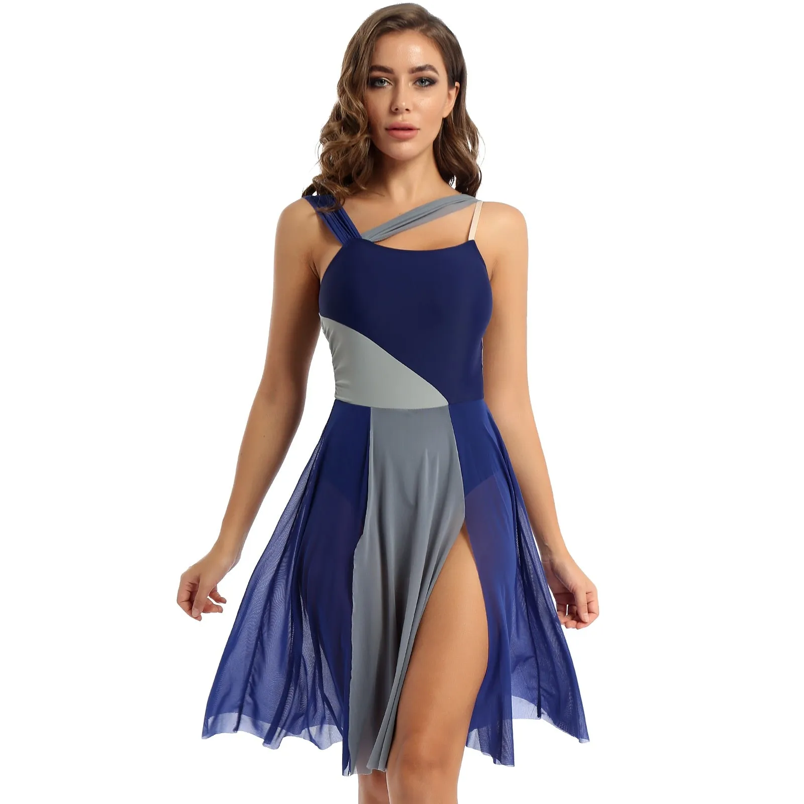 Sleeveless Color Block Ballet Modern Contemporary Lyrical Dance Dress Asymmetrical Chiffon Leotard