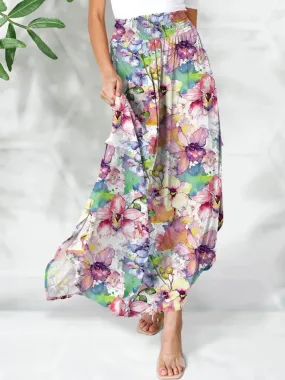 Smocked Printed Elastic Waist Maxi Skirt