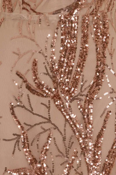 Tatiana Rose Gold Sheer Mesh Sequin Plunge Maxi Gown Dress