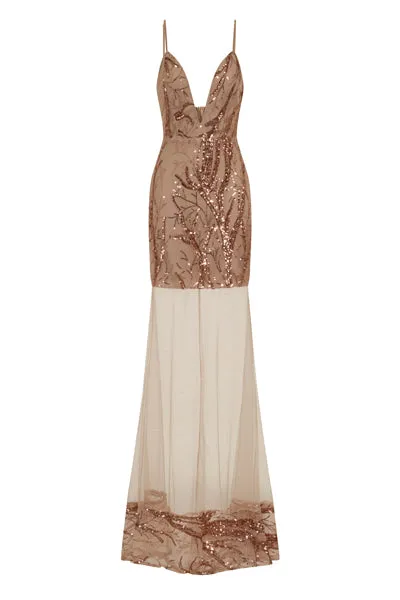 Tatiana Rose Gold Sheer Mesh Sequin Plunge Maxi Gown Dress