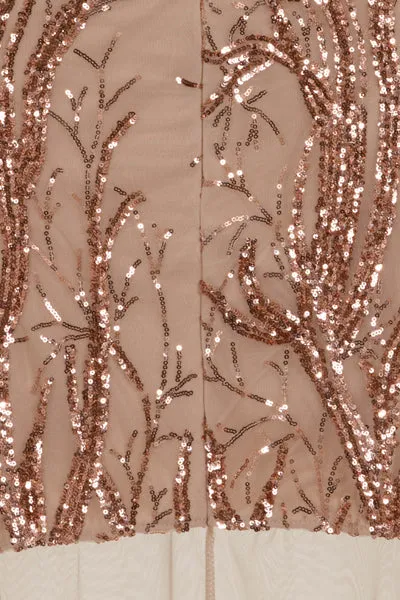 Tatiana Rose Gold Sheer Mesh Sequin Plunge Maxi Gown Dress