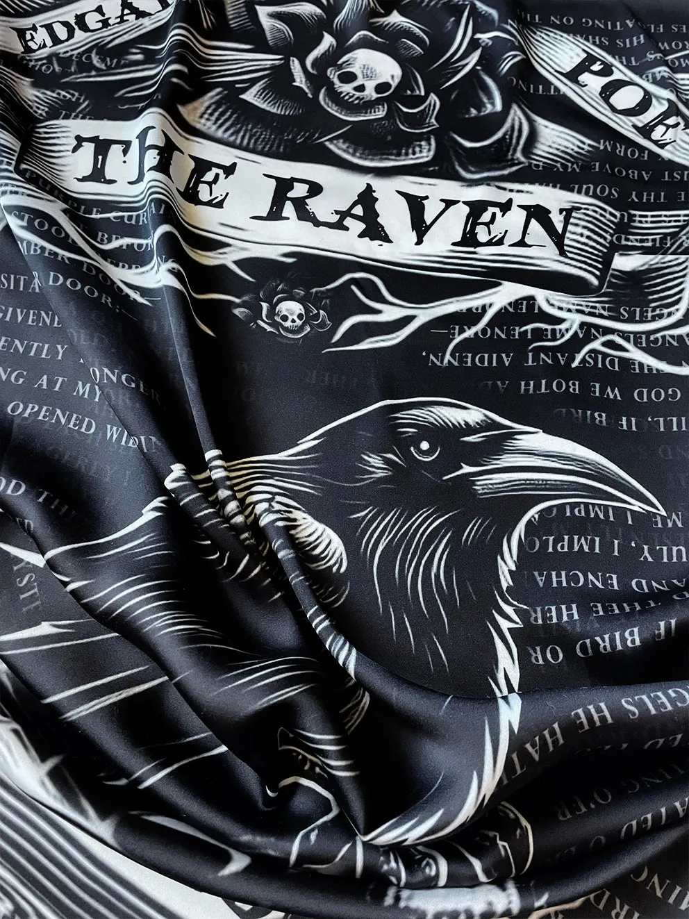 The Raven by Edgar Allan Poe Square Satin Scarf. Black scarf, Goth scarf, Gothic Scarf, Nevermore. Neck Scarf, Headscarf, Bag Scarf, Shawl.