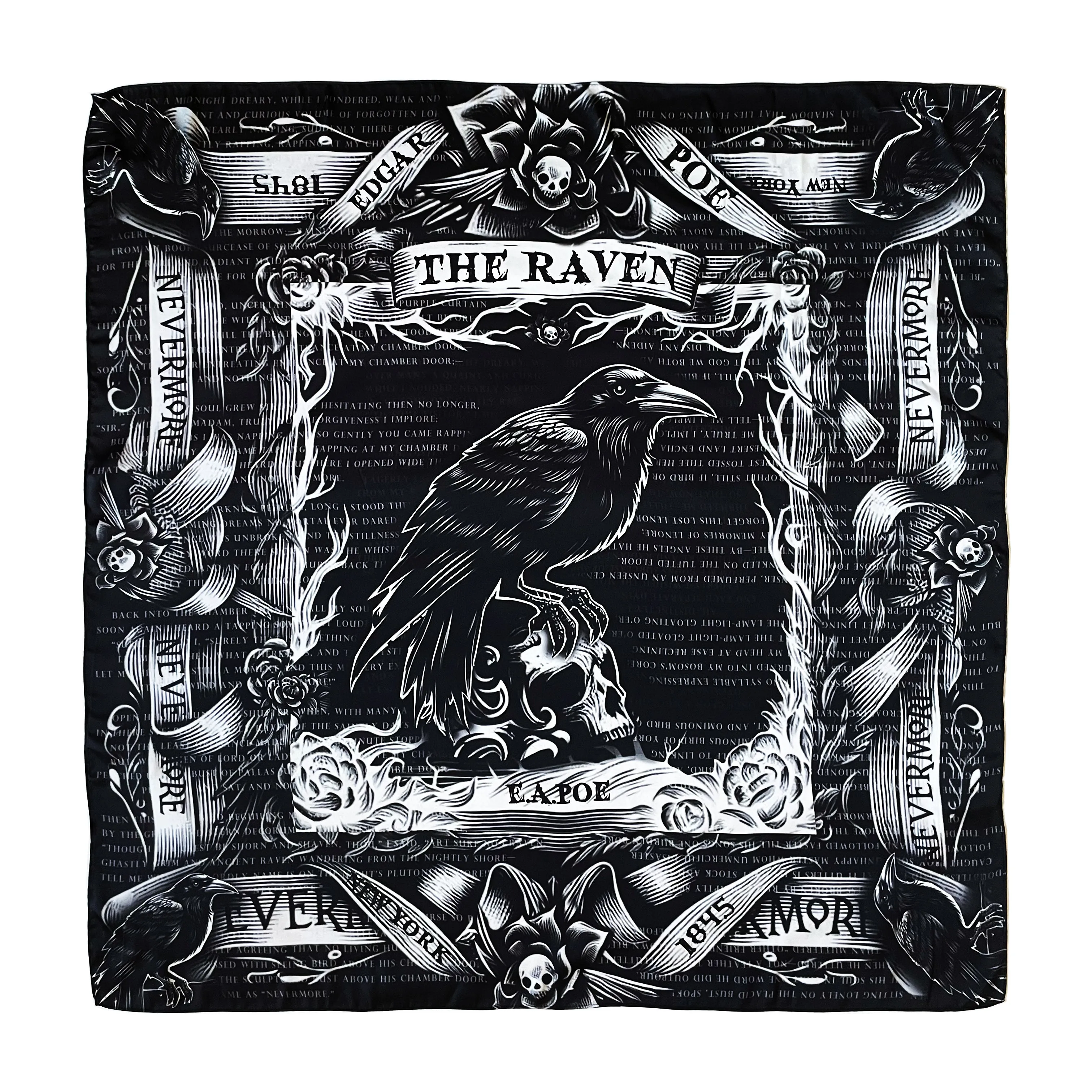The Raven by Edgar Allan Poe Square Satin Scarf. Black scarf, Goth scarf, Gothic Scarf, Nevermore. Neck Scarf, Headscarf, Bag Scarf, Shawl.