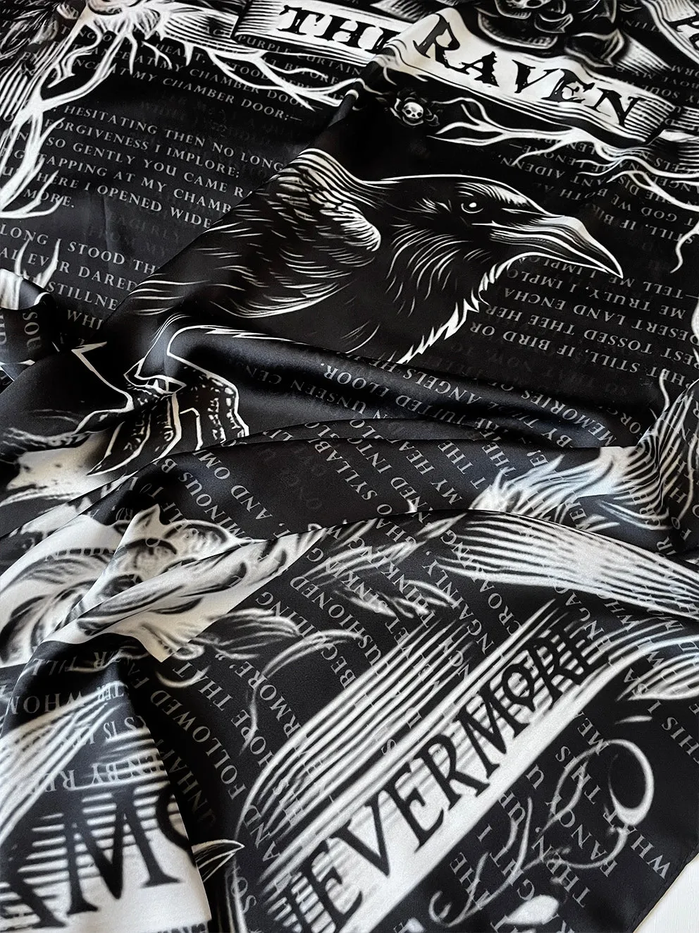 The Raven by Edgar Allan Poe Square Satin Scarf. Black scarf, Goth scarf, Gothic Scarf, Nevermore. Neck Scarf, Headscarf, Bag Scarf, Shawl.