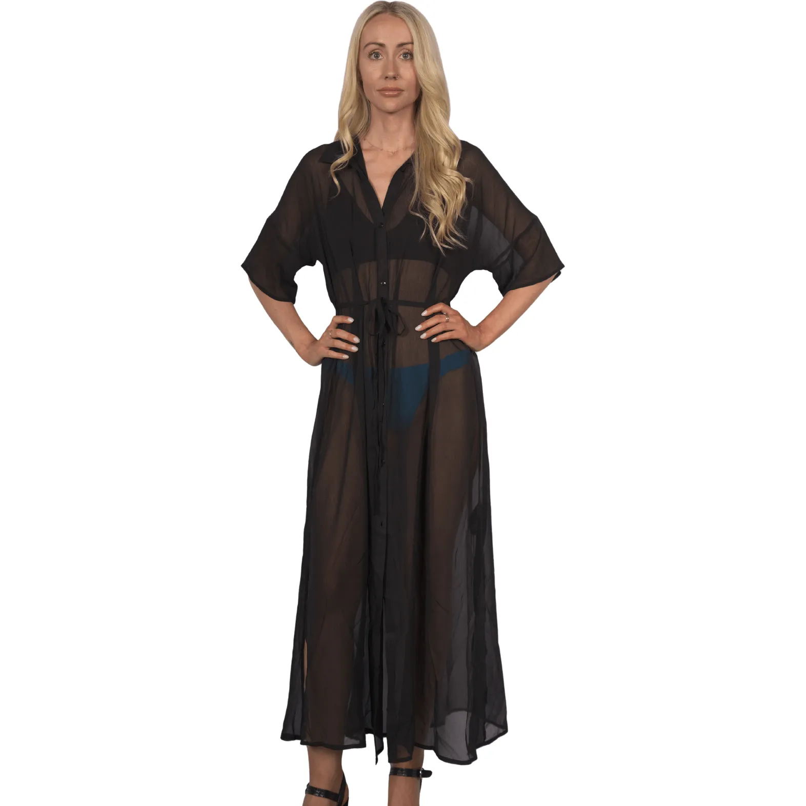 Topshop Women's Maxi Sheer Beach Shirt Dress - Black