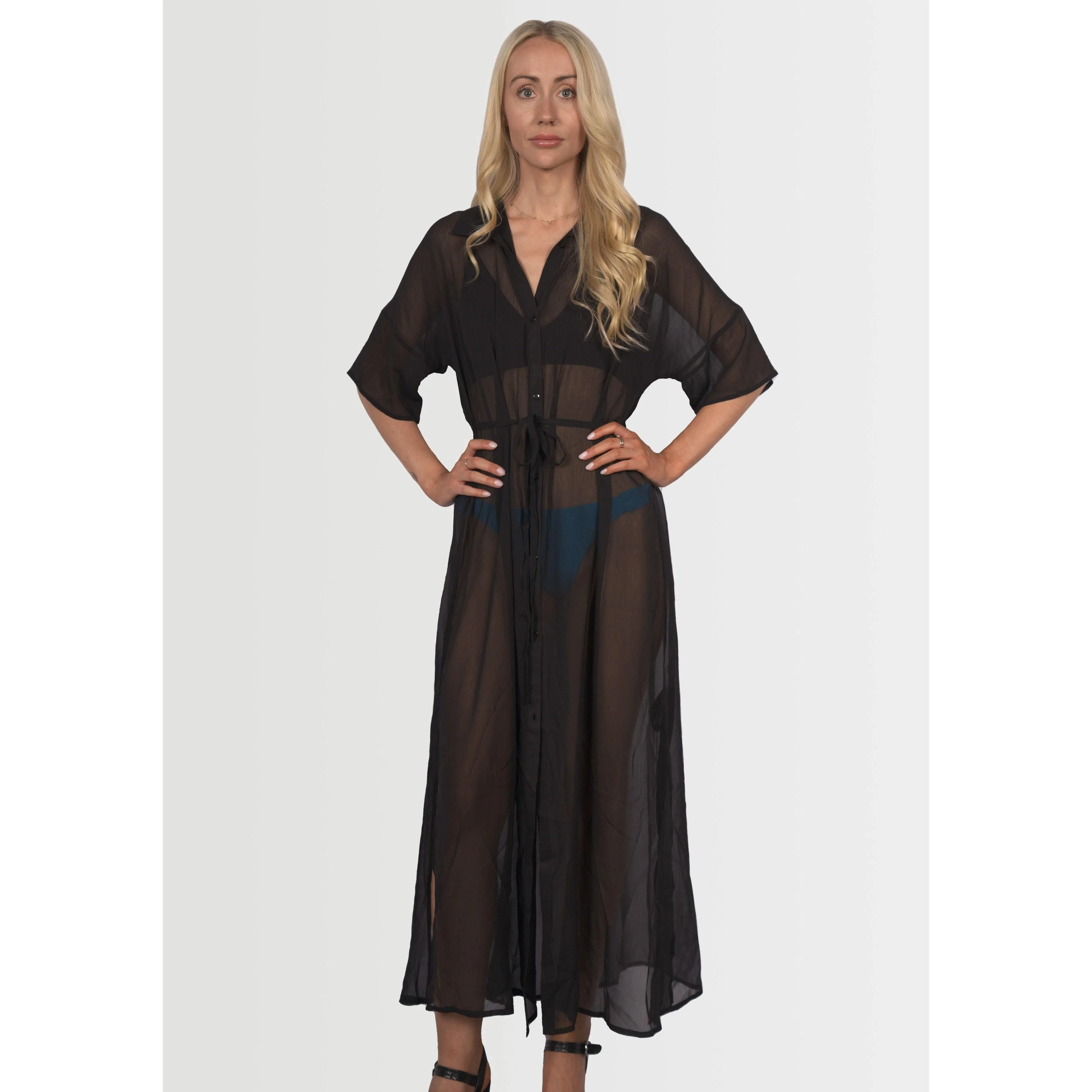 Topshop Women's Maxi Sheer Beach Shirt Dress - Black