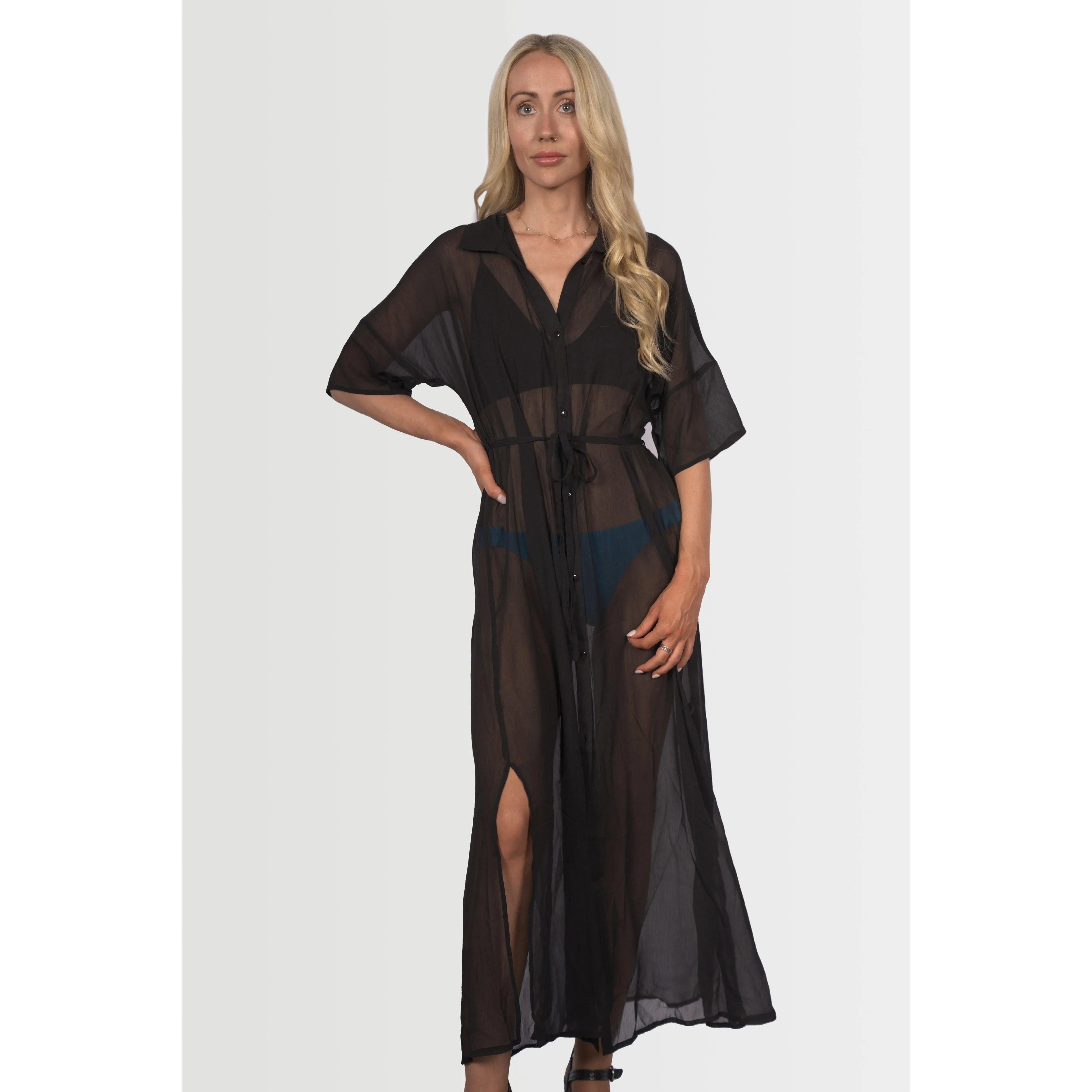 Topshop Women's Maxi Sheer Beach Shirt Dress - Black