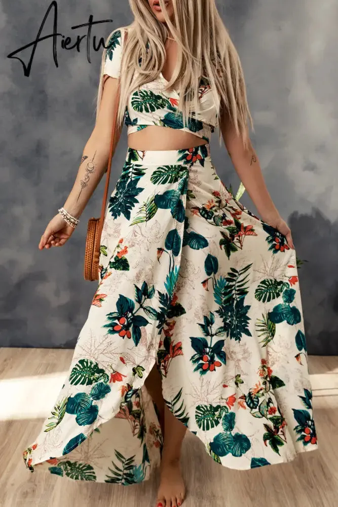 Tropical Print Crop Top and Maxi Skirt Set