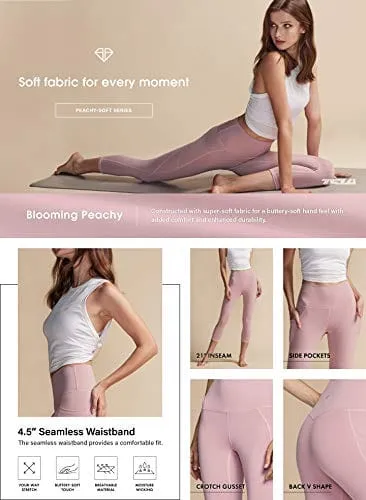 TSLA High Waist Yoga Pants with Pockets, Tummy Control Yoga Leggings, Non See-Through Workout Running Tights, Capris Pocket Peachy Black,