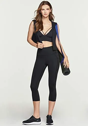 TSLA High Waist Yoga Pants with Pockets, Tummy Control Yoga Leggings, Non See-Through Workout Running Tights, Capris Pocket Peachy Black,