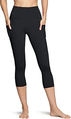 TSLA High Waist Yoga Pants with Pockets, Tummy Control Yoga Leggings, Non See-Through Workout Running Tights, Capris Pocket Peachy Black,