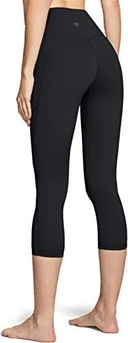 TSLA High Waist Yoga Pants with Pockets, Tummy Control Yoga Leggings, Non See-Through Workout Running Tights, Capris Pocket Peachy Black,