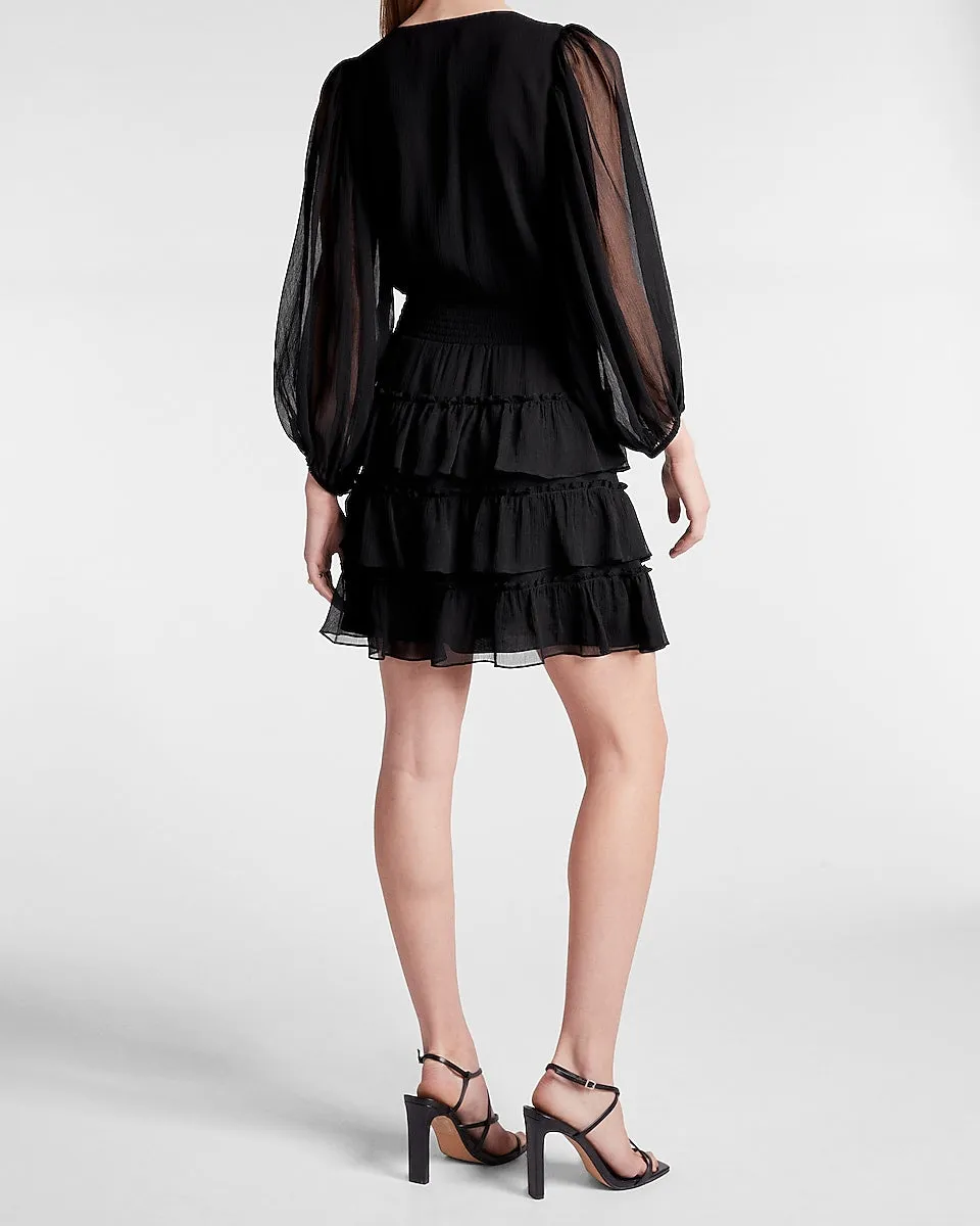 V-Neck Long Sleeve Tiered Ruffle Dress in Pitch Black