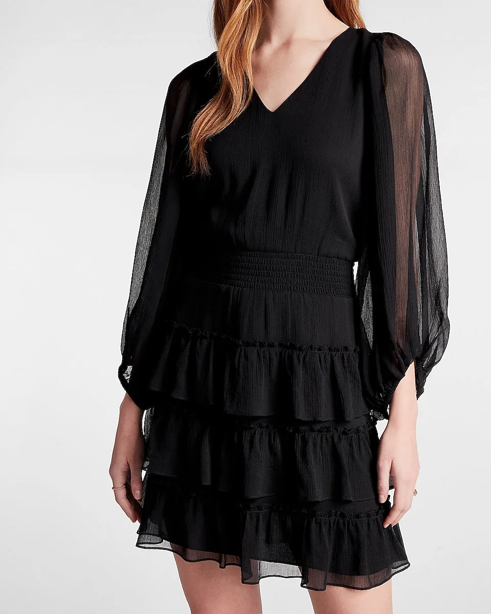 V-Neck Long Sleeve Tiered Ruffle Dress in Pitch Black