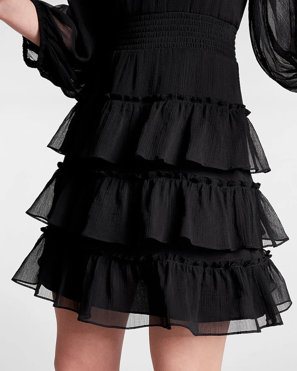 V-Neck Long Sleeve Tiered Ruffle Dress in Pitch Black