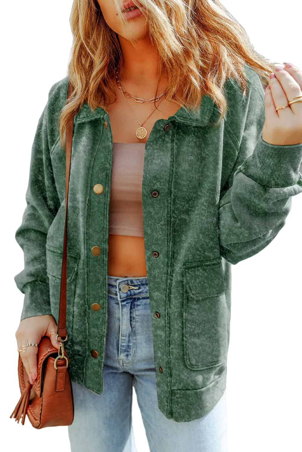 Vintage Washed Flap Pocket Button Green Shacket