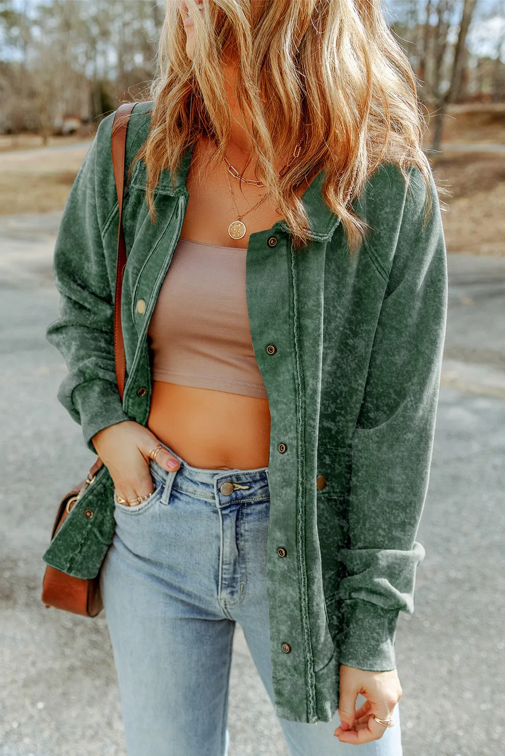 Vintage Washed Flap Pocket Button Green Shacket