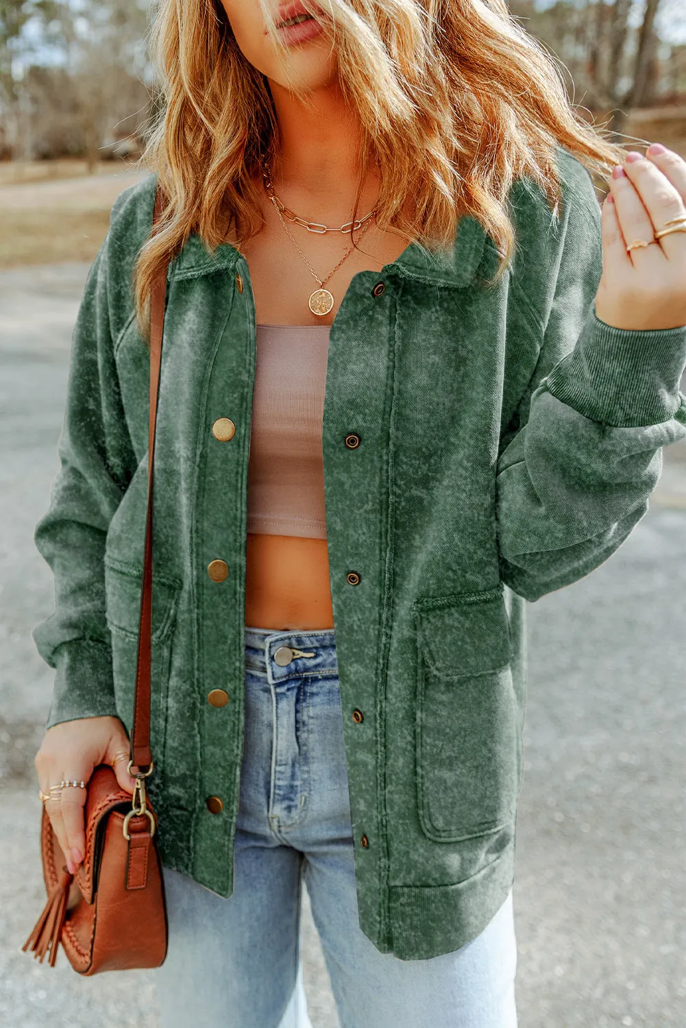 Vintage Washed Flap Pocket Button Green Shacket