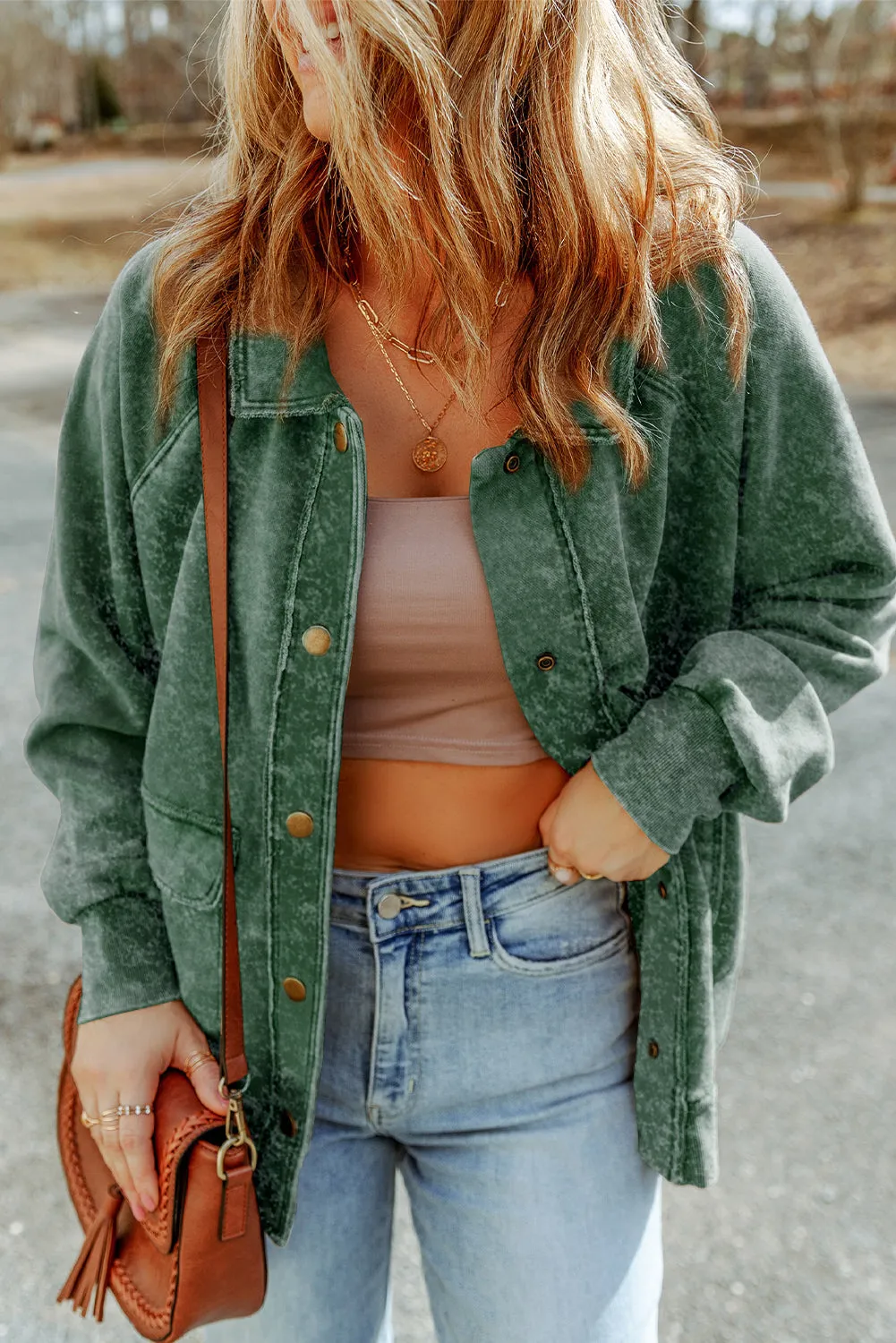 Vintage Washed Flap Pocket Button Green Shacket