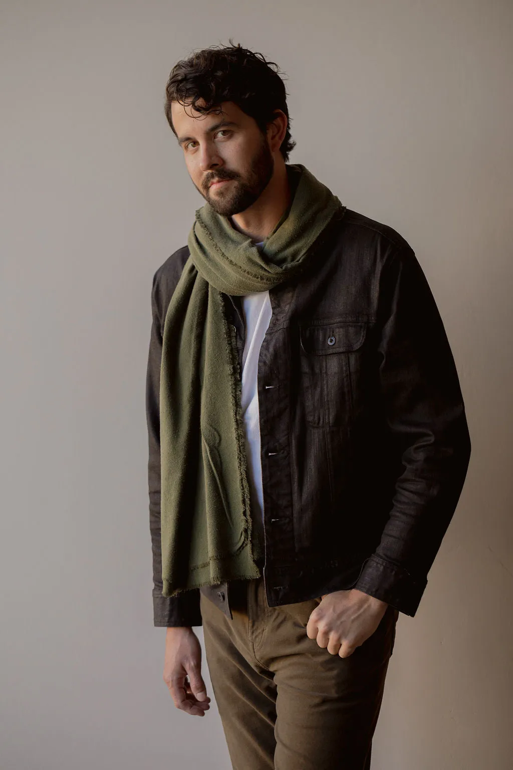 Washable Silk Blanket Scarf in Olive