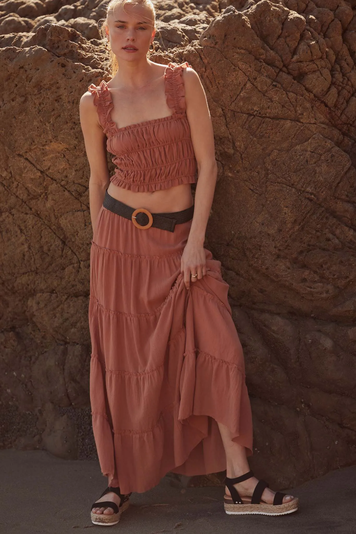 Washed Ashore Raw-Edge Tiered Ruffle Maxi Skirt
