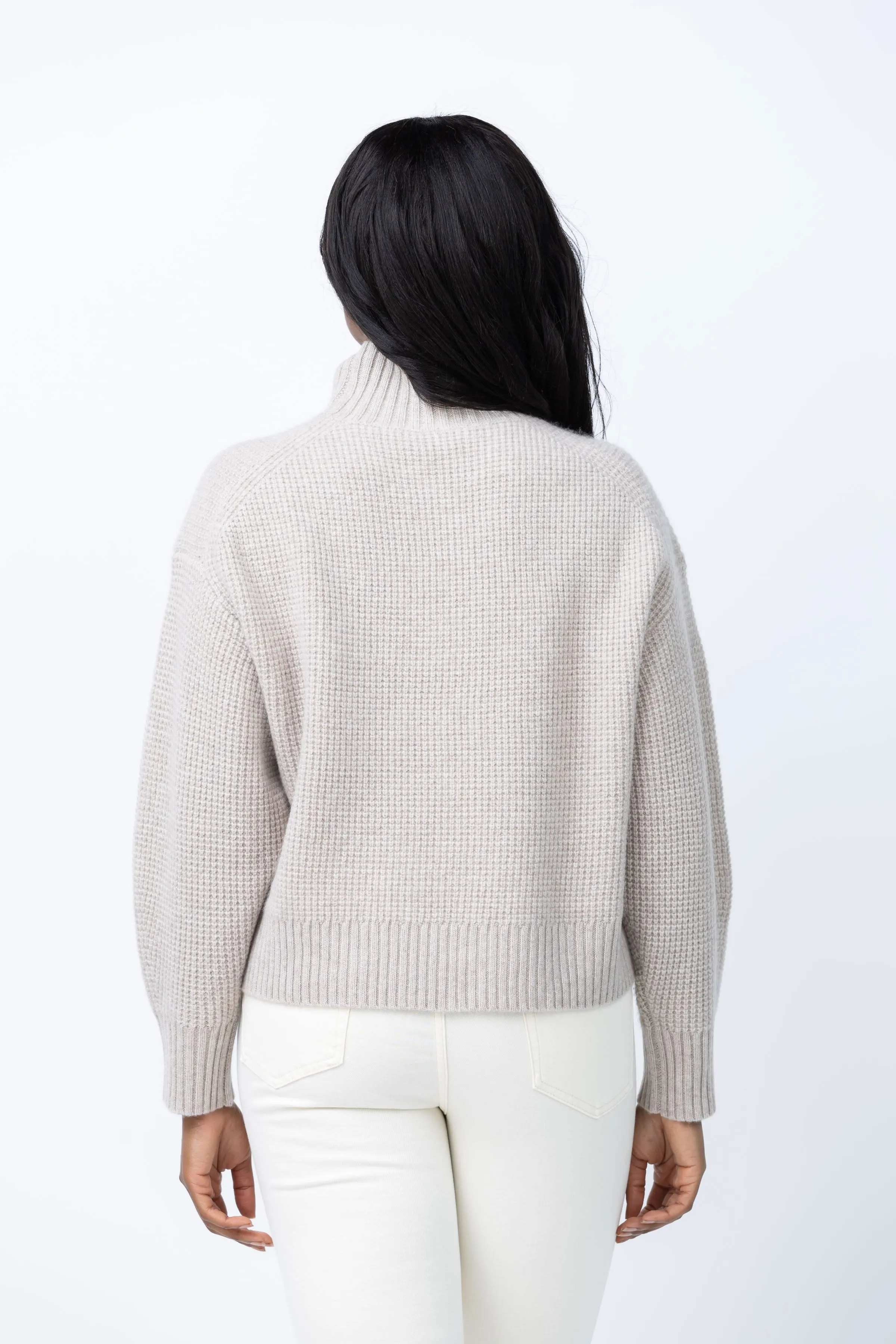 White   Warren Cashmere Waffle Standneck in Sandwisp Heather