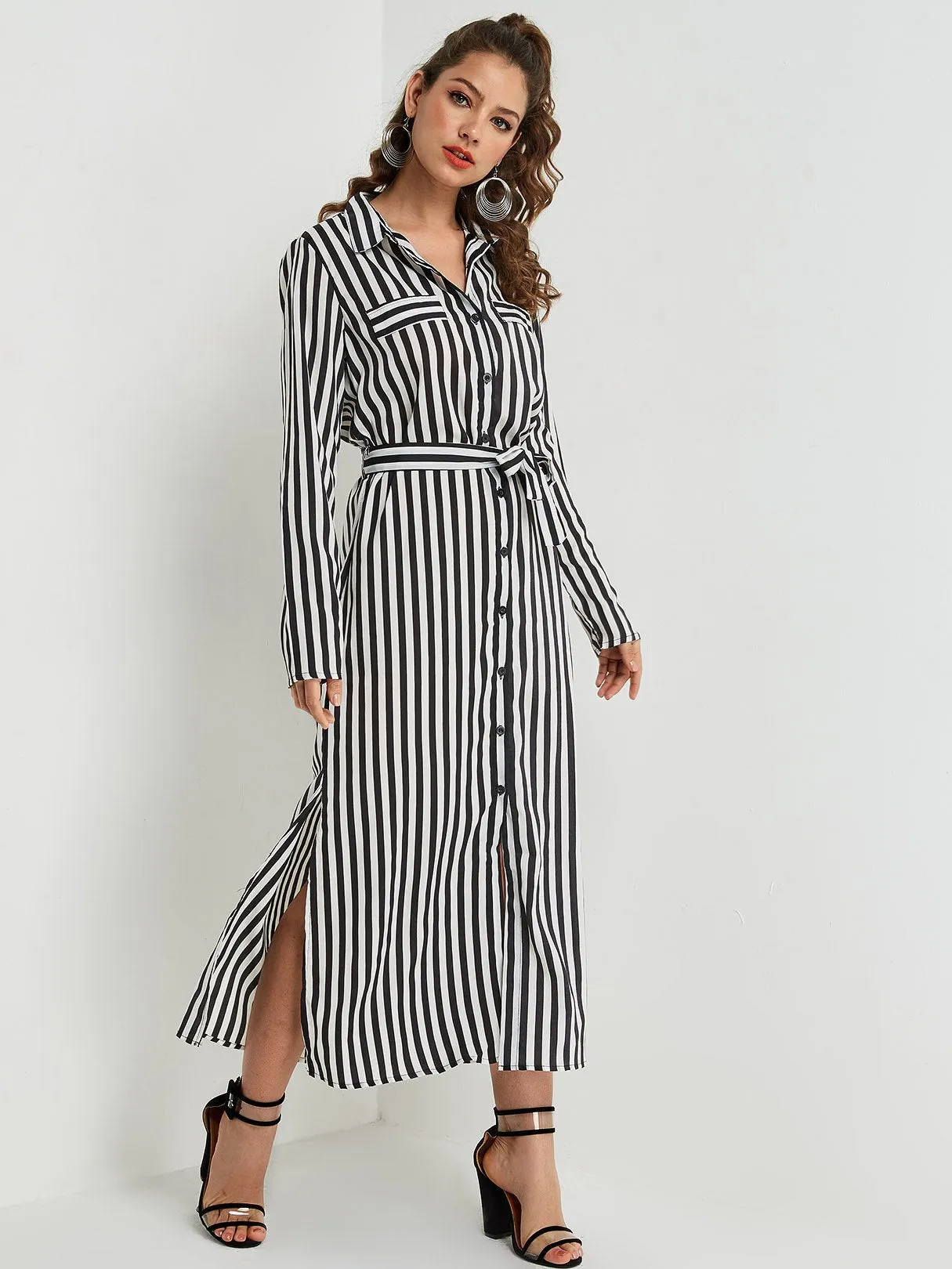 Wholesale Classic Collar Stripe Belt Long Sleeve Black Shirt Dresses