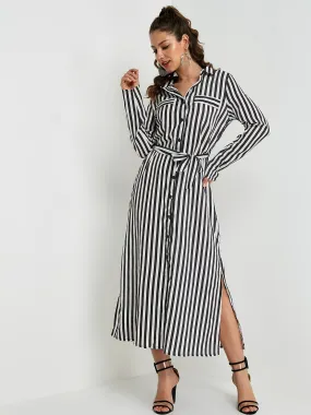 Wholesale Classic Collar Stripe Belt Long Sleeve Black Shirt Dresses
