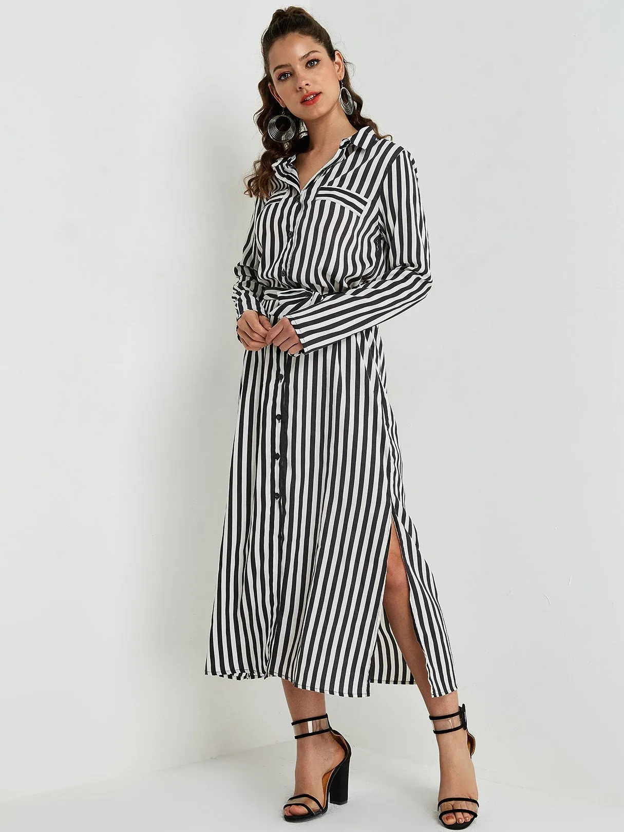 Wholesale Classic Collar Stripe Belt Long Sleeve Black Shirt Dresses