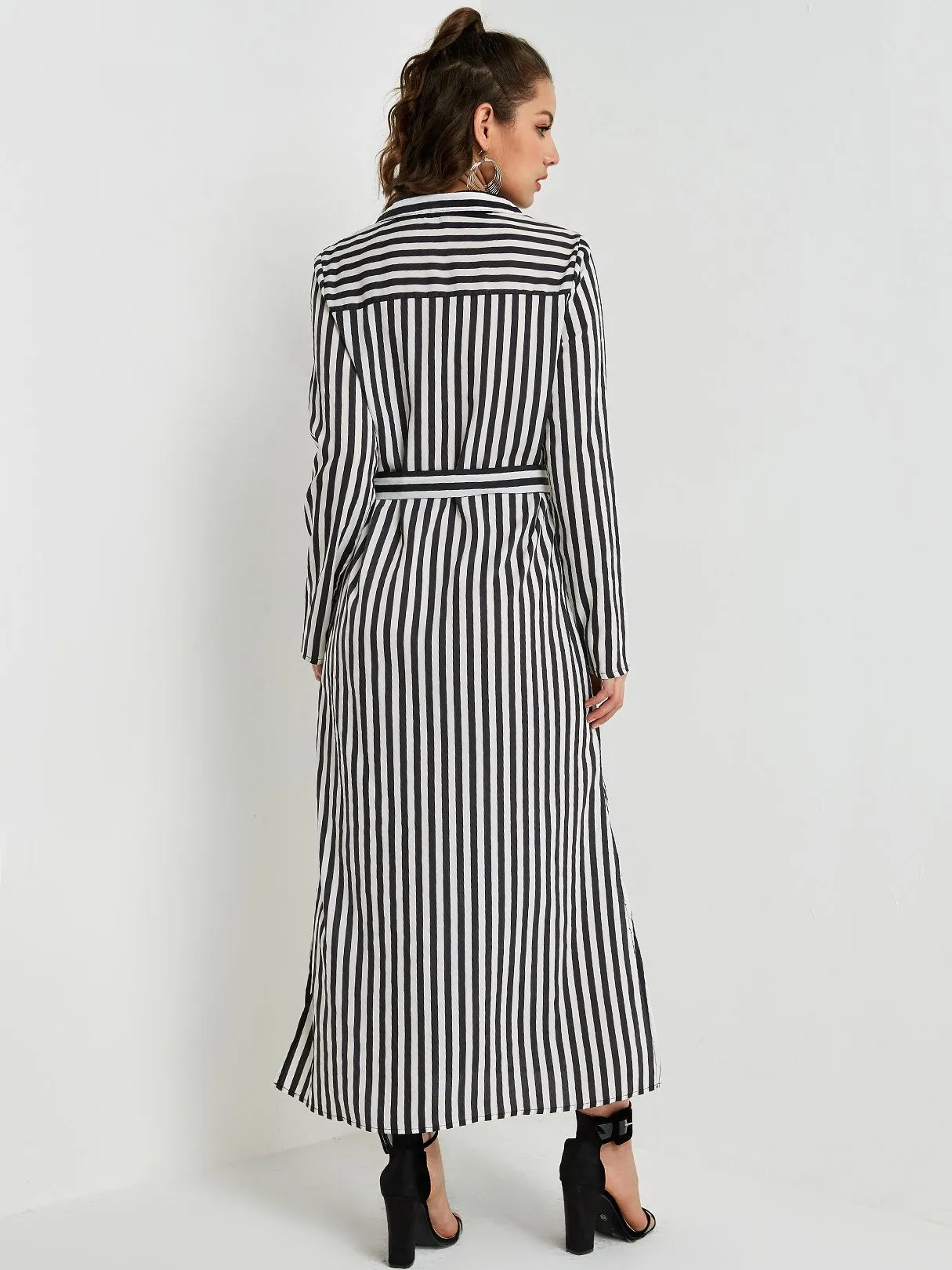 Wholesale Classic Collar Stripe Belt Long Sleeve Black Shirt Dresses